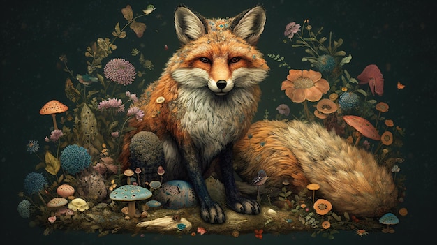 A fox sits among flowers and mushrooms.