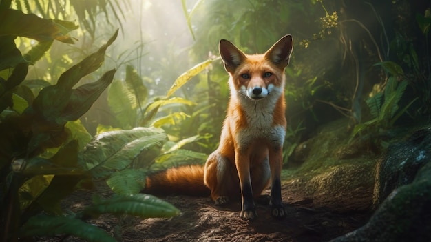 A fox sits in a jungle scene