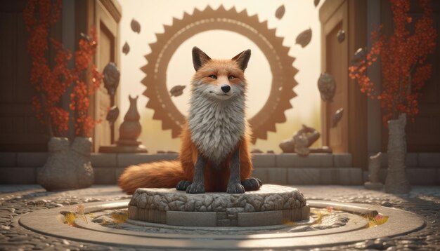 A fox sits on a pedestal in a room with a wallpaper background.