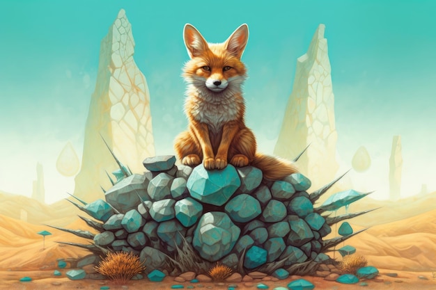 A fox sits on a pile of rocks.