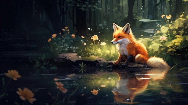 a fox sits on a rock in the forest.