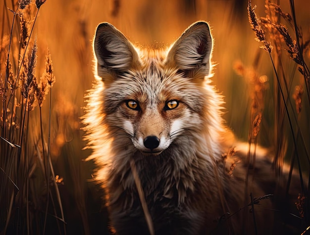여우는 연한 갈색과 보라색 스타일로 카메라를 바라보며 키 큰 풀밭에 앉아 있다