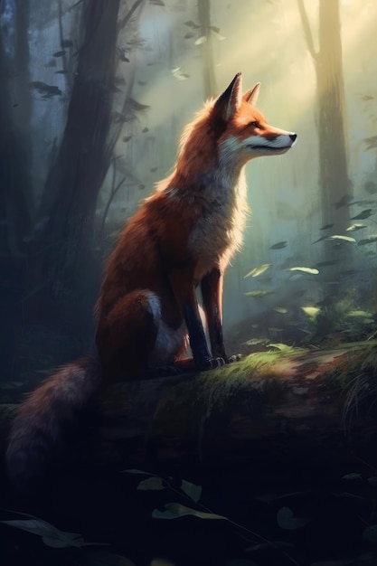 A fox sits in the woods with the sun shining on it.