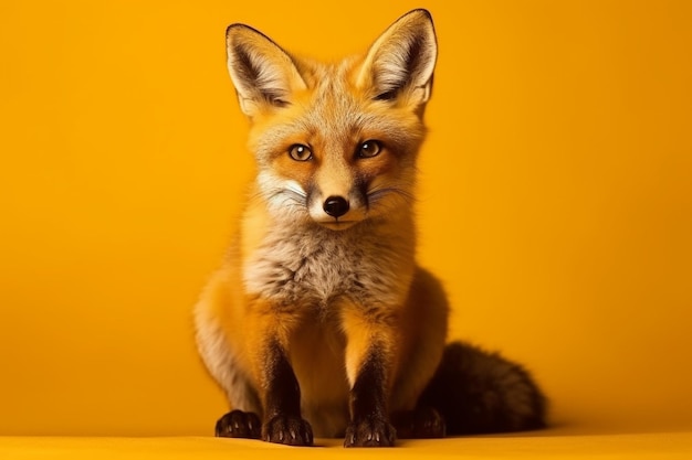 A fox sits on a yellow background