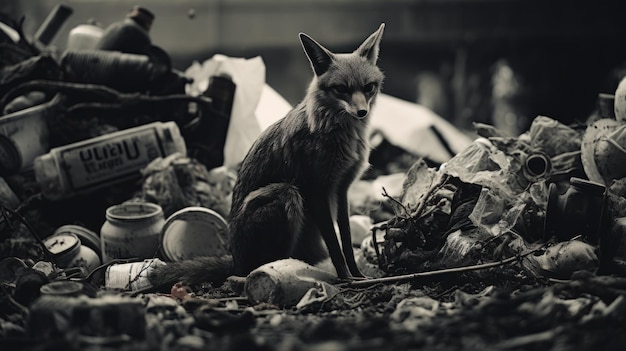 ゴミで囲まれた地面に座っている狐 ⁇ 