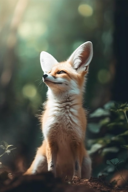 A fox sitting on a ledge in a forest