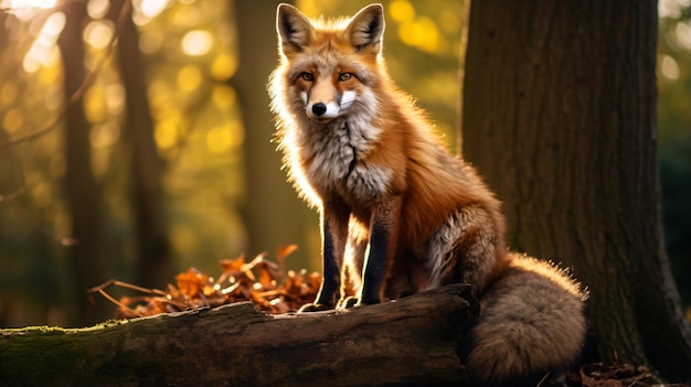 a fox sitting on a log in the woods