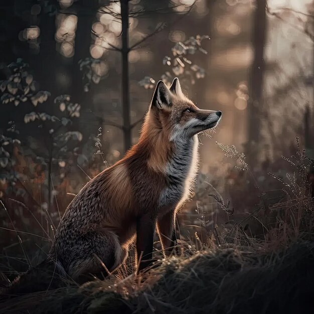 A fox sitting in the middle of a forest