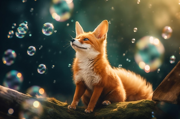 Photo a fox sitting on a rock surrounded by bubbles