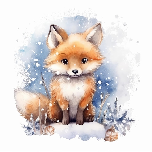 Fox sitting in the snow watercolor style Generative AI