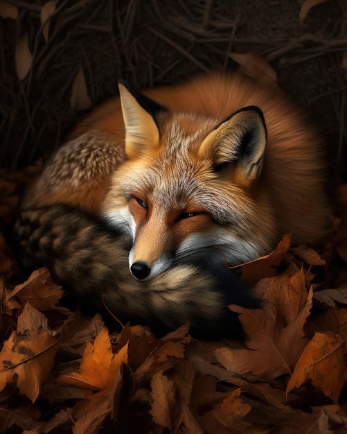 A fox sleeps in the leaves