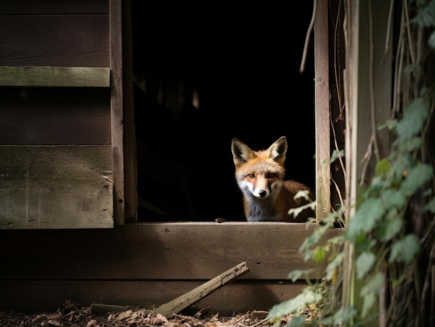 fox sneaking through an abandoned barn