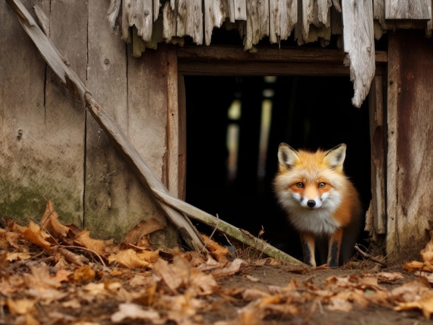 Photo fox sneaking through an abandoned barn