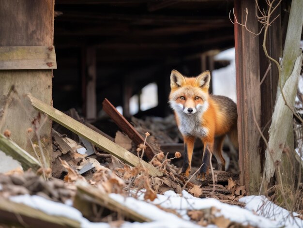 Photo fox sneaking through an abandoned barn