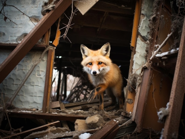 fox sneaking through an abandoned barn