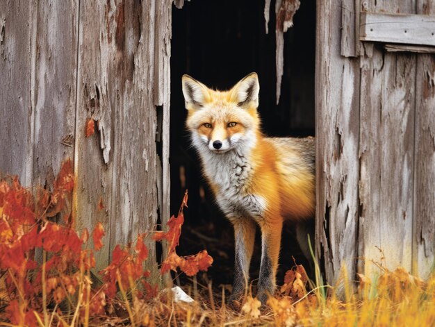 Photo fox sneaking through an abandoned barn