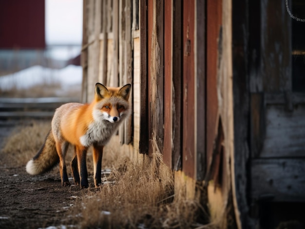 fox sneaking through an abandoned barn