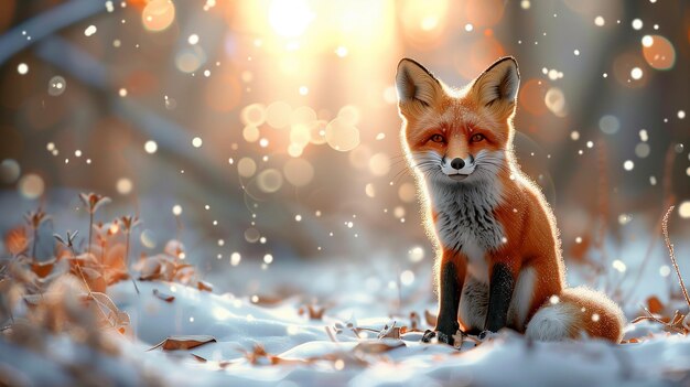 a fox in the snow with the sun behind it