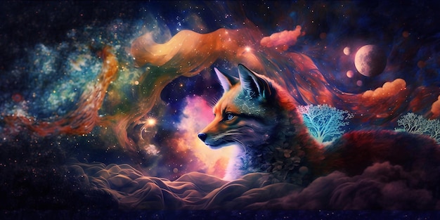 A fox in space with a nebula in the background