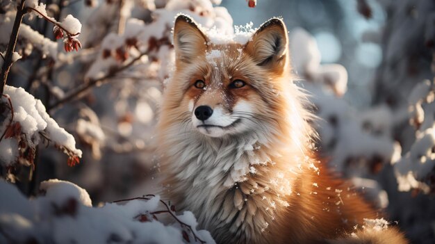 森の雪に覆われた木々に雪を積んだ狐のスタンド