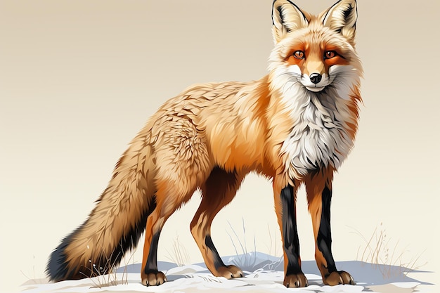 A fox standing on the snow drawn with watercolor isolated on beige background