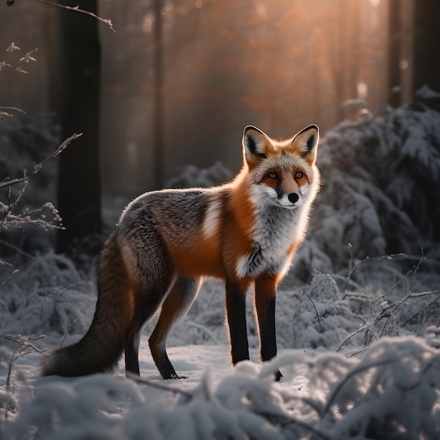 A fox stands in the snow in the winter.