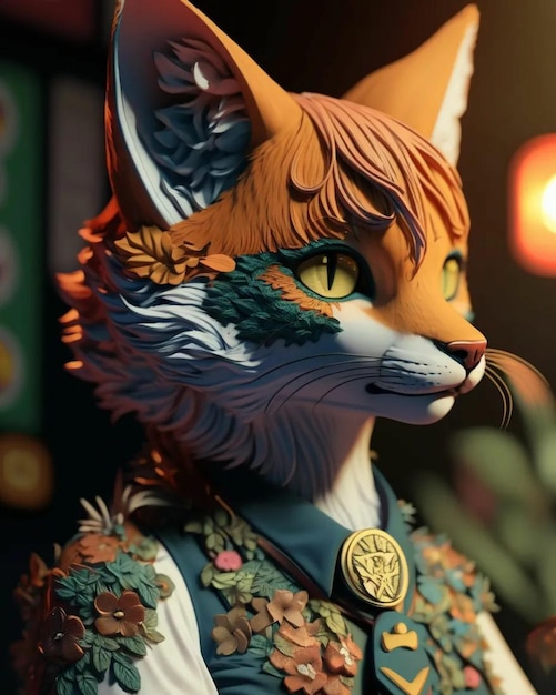 A fox statue with a green eye and a gold button on its head.