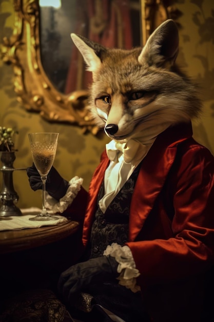 A fox at a table with a glass of wine