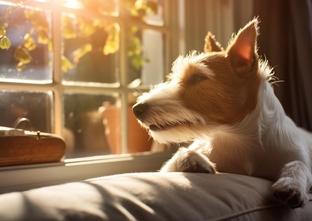 A Fox Terrier enjoying a sunbath by the window framed by warm sunlight