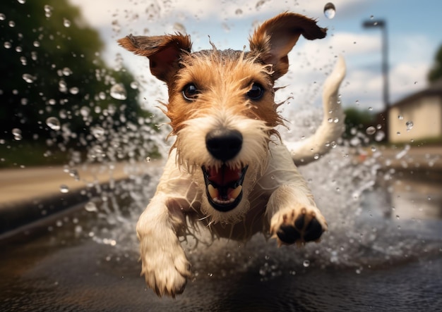 A Fox Terrier joyfully splashing in a puddle on a rainy day