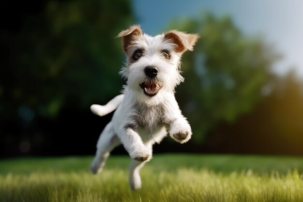 Fox terrier running on green grass AI generative