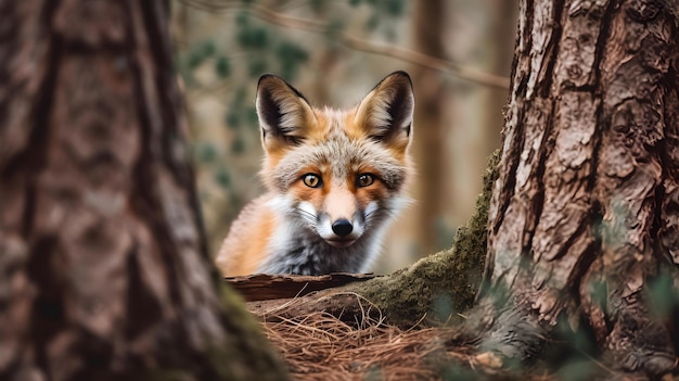 a fox that is looking out of a tree