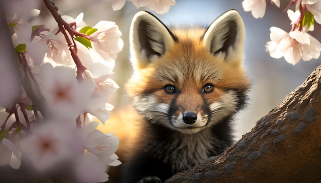 A fox in a tree with flowers