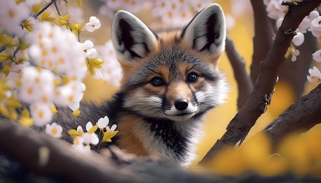 A fox in a tree with flowers