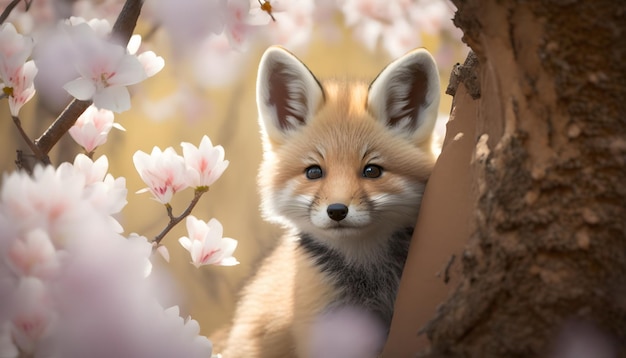 Foto una volpe su un albero con fiori