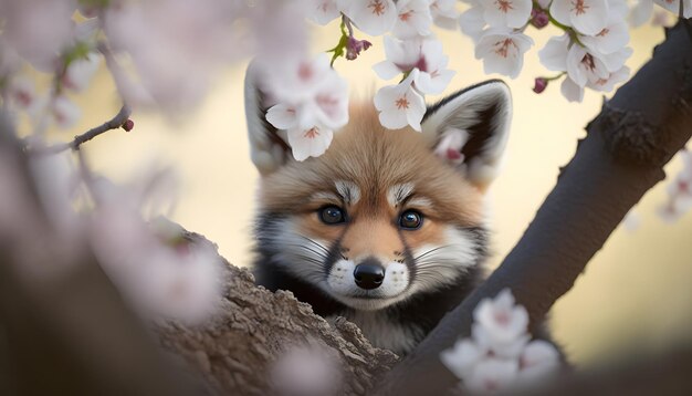 A fox in a tree with flowers