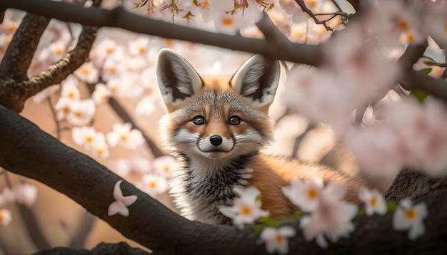 A fox in a tree with flowers