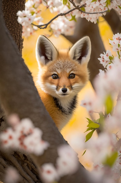 A fox in a tree with flowers