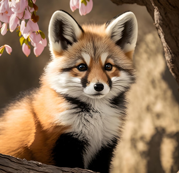 A fox in a tree with pink flowers