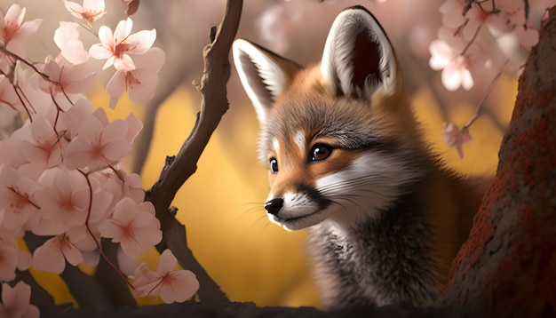 A fox in a tree with pink flowers