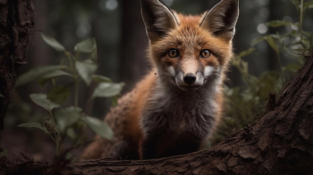 A fox in a tree with a tree in the background