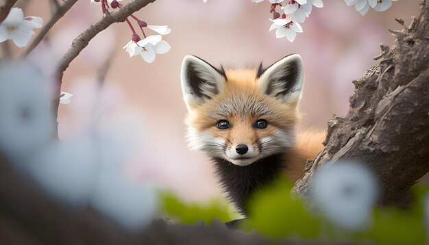 A fox in a tree with white flowers