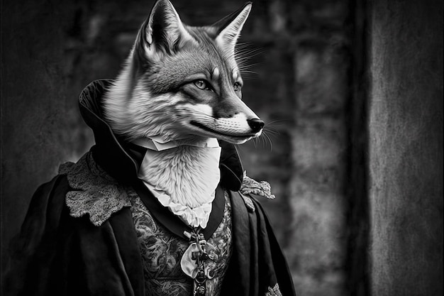 Fox in Victorian clothes, portrait. Generative Ai