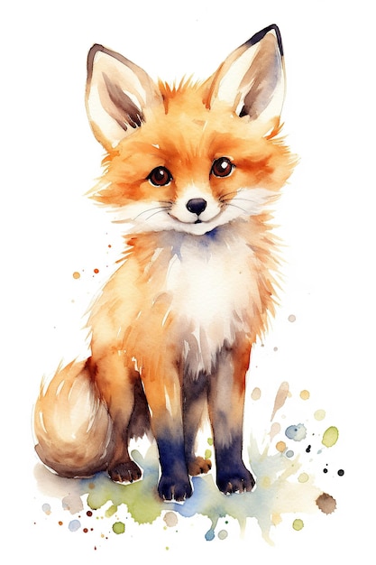 Fox watercolor clipart cute isolated on white background with Generative AI Technology