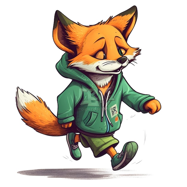 A fox wearing a green hoodie with the letter t on it.