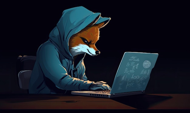 A fox wearing a hoodie using a laptop computer