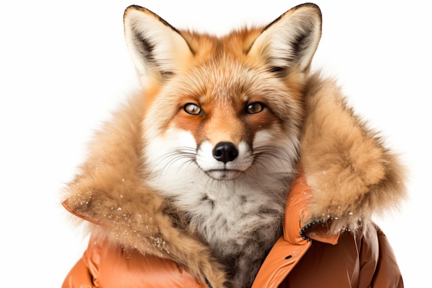 a fox wearing a jacket with a fur collar