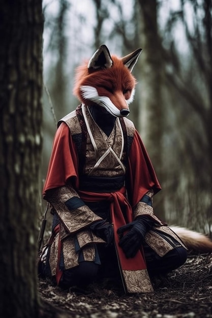 A fox wearing a kimono sits in the woods.