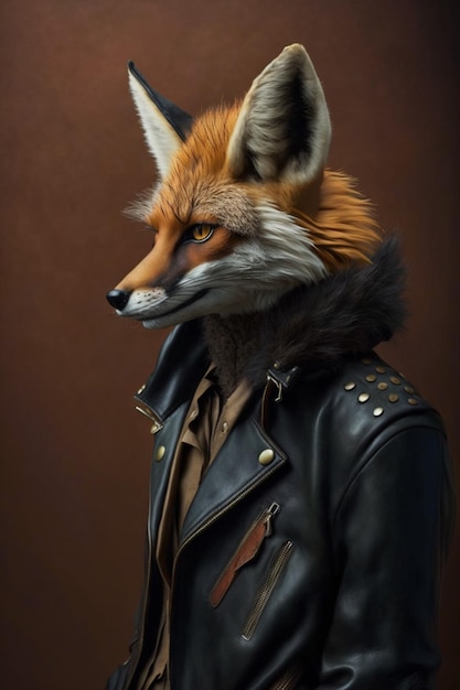 A fox wearing a leather jacket with a leather jacket and a black jacket