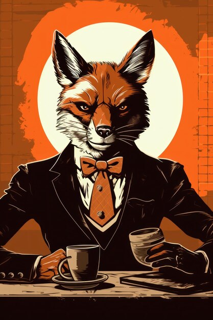 A fox wearing a suit and tie sitting at the table ai